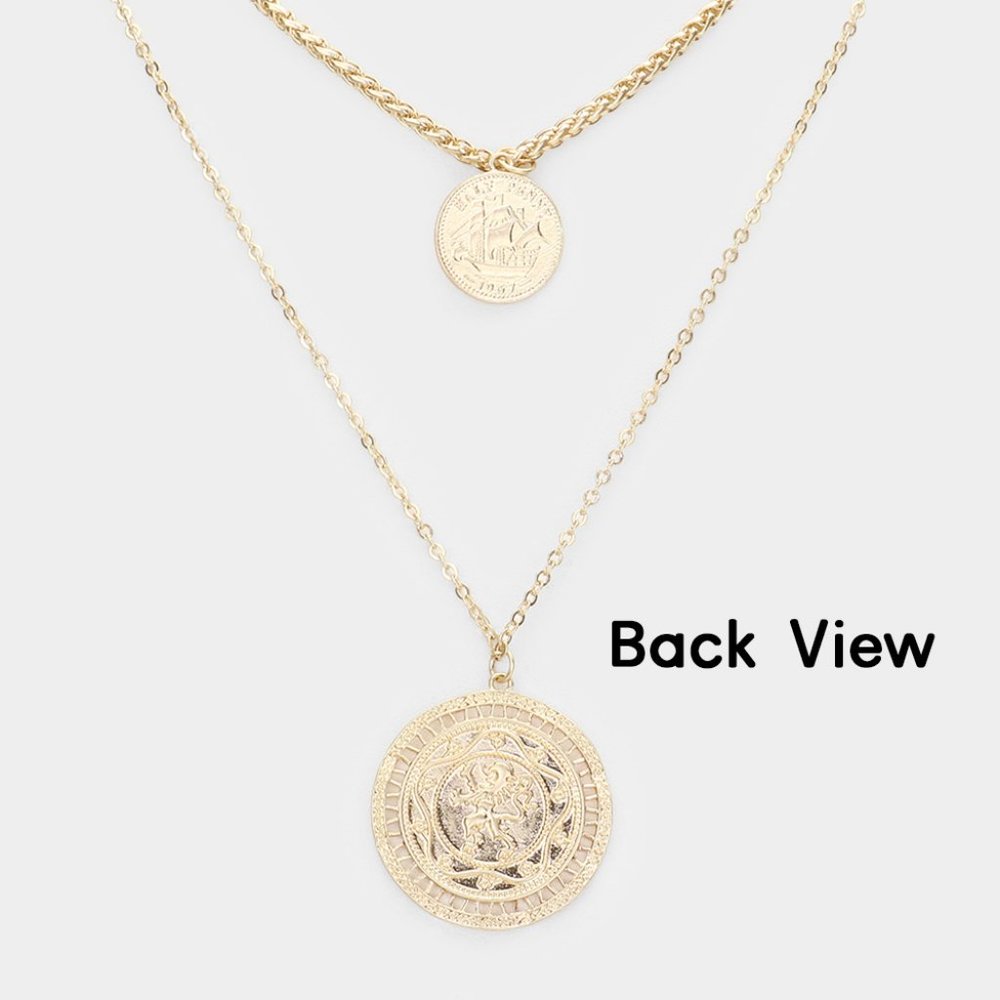 Gold Chain Double Layered Portrait Head Coin Link Necklace - Picture 3 of 11